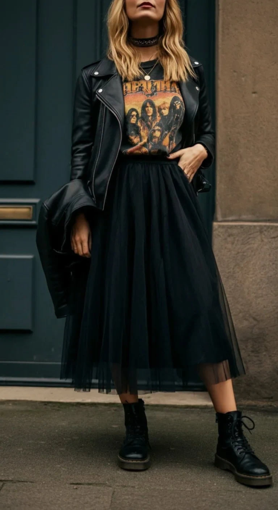 Graphic Band Tee And Tulle Midi