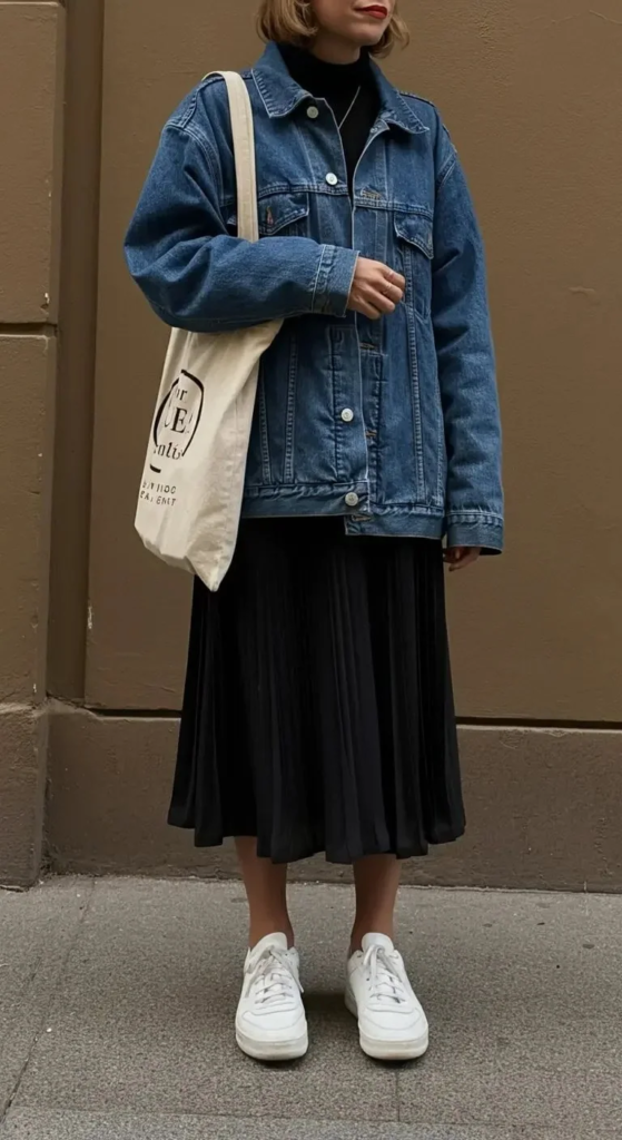 Denim Jacket And Pleated Midi