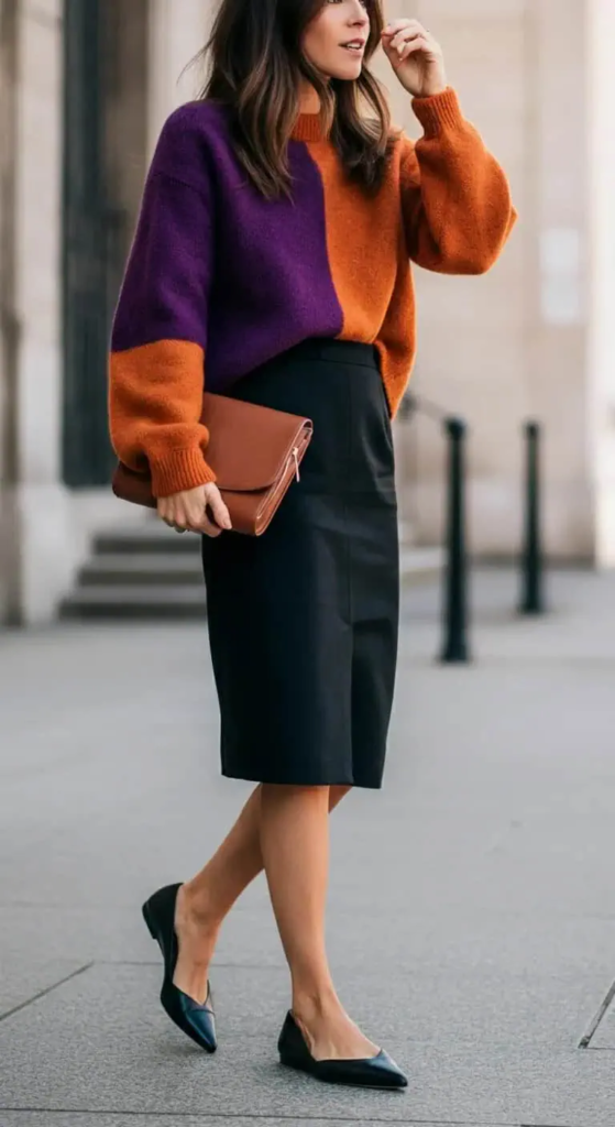 Color Block Sweater And Pencil Skirt