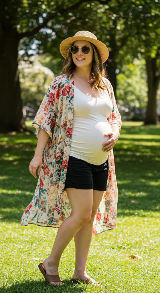 Kimono-Style Cardigan Over Tank And Shorts