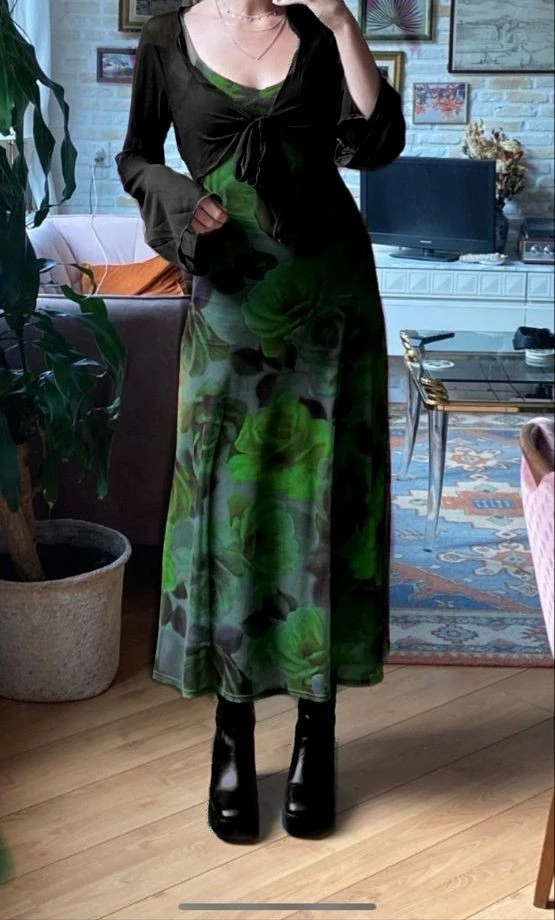 Green Floral Slip Dress Over Black Cardigan