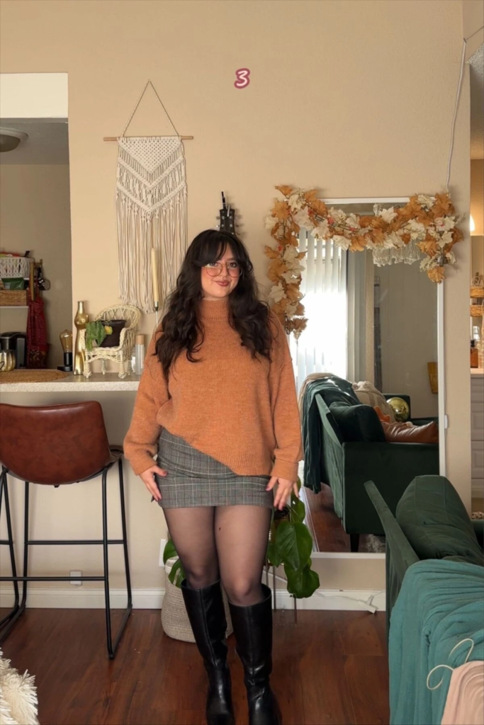 Cozy Sweater With Plaid Mini Skirt