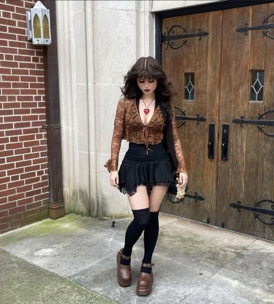 Lace Crop Top With Black Mini Skirt