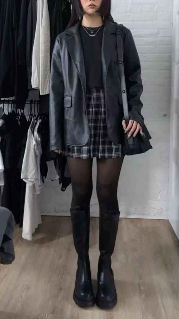 Dark Plaid Skirt With Oversized Blazer