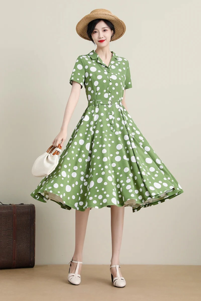 Whimsical Green Polka Dot Swing Dress