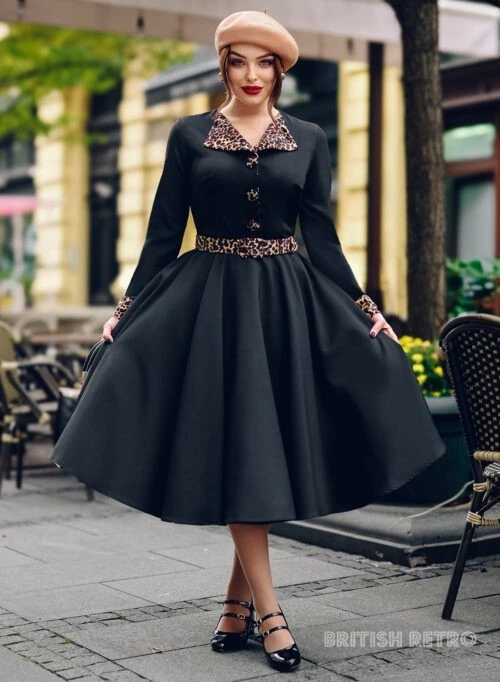 Elegant Black Coat Dress With Leopard Accents