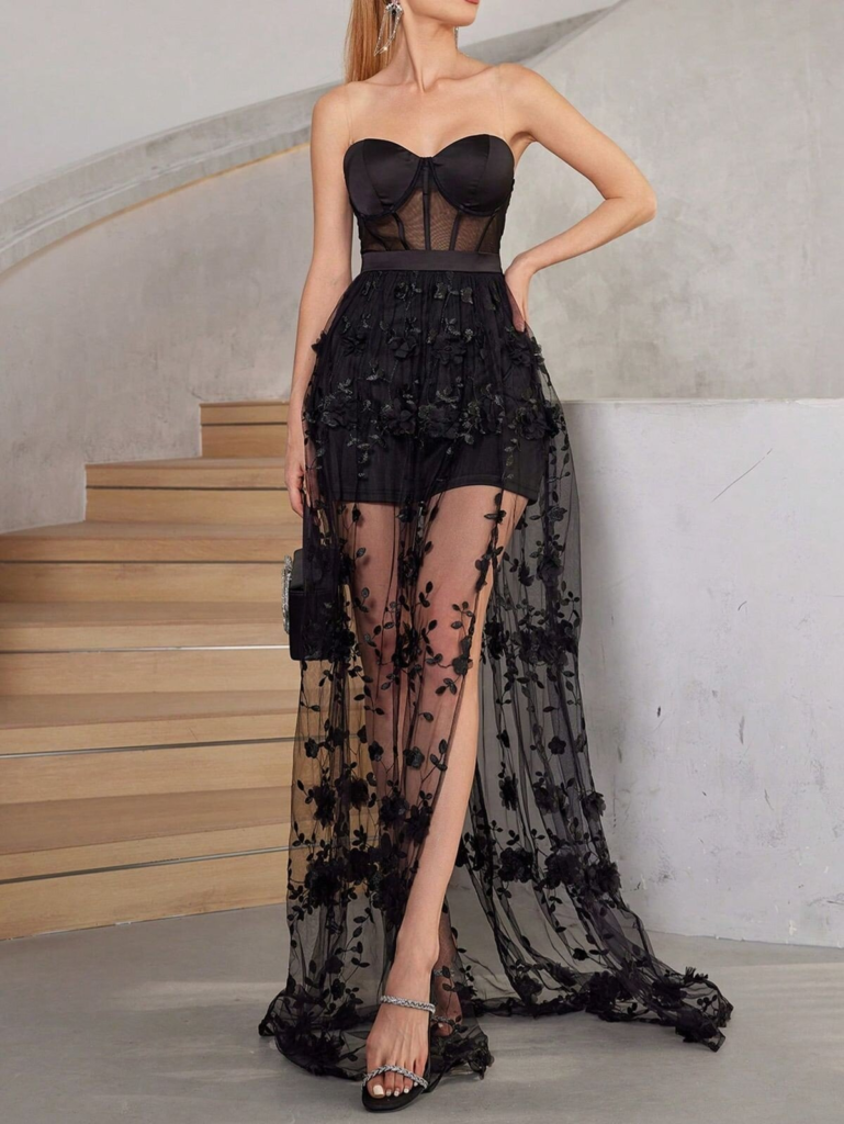Sultry Black Lace Overlay Gown