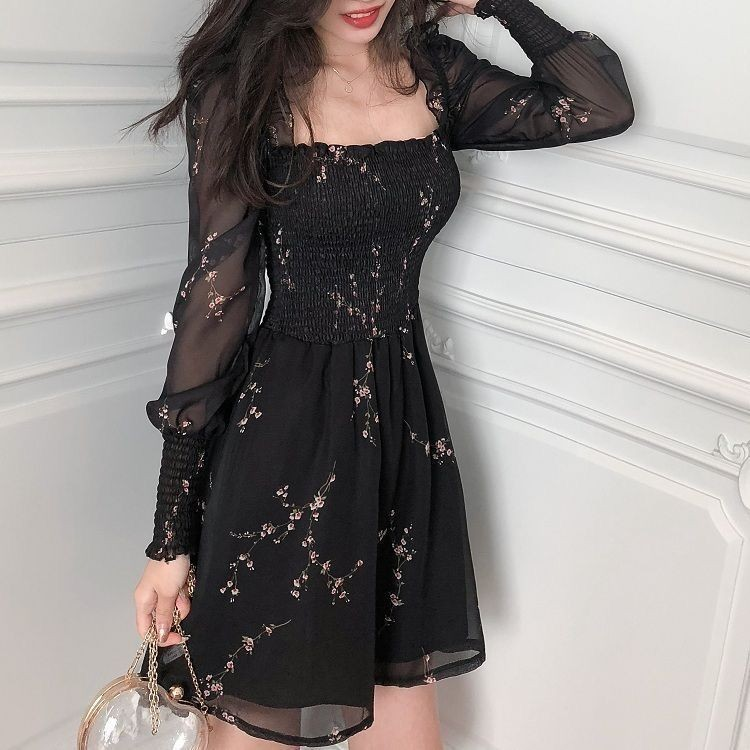Romantic Floral Sheer-Sleeved Midi Dress
