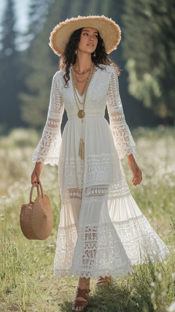 Lace-Adorned Bell Sleeve Maxi Dress