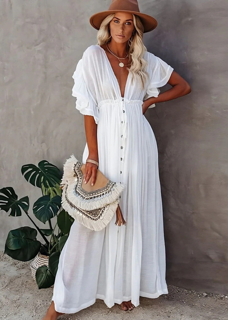 Flowy White Button-Down Maxi Dress
