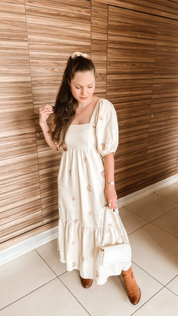 Puff-Sleeve Embroidered Maxi Dress