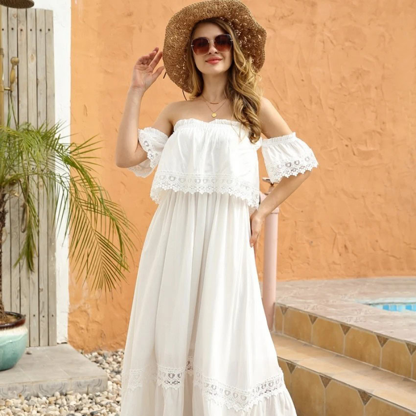 Off-Shoulder Lace-Trimmed Maxi Dress