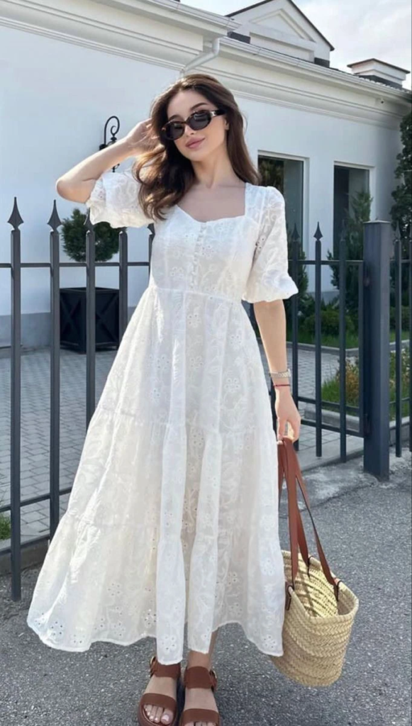 Flowing Eyelet Midi With Puff Sleeves