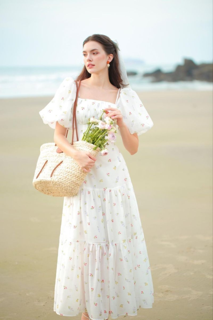 Floral Puff-Sleeve Maxi Dress