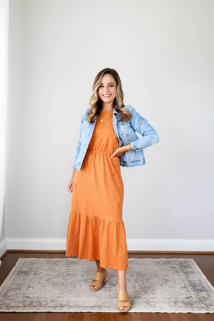 11. Bright Maxi Dress With Denim Jacket