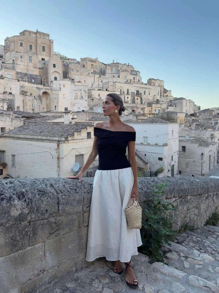 Off-the-Shoulder Black Top + Full White Skirt
