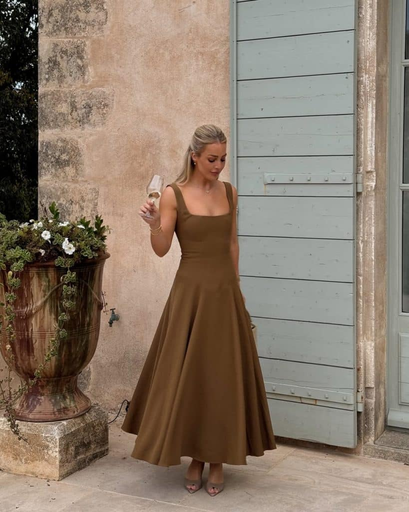 A Sleek Neutral Midi Dress for Wine Nights