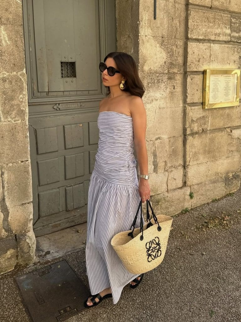The Strapless Stripe Maxi Dress + Basket Tote