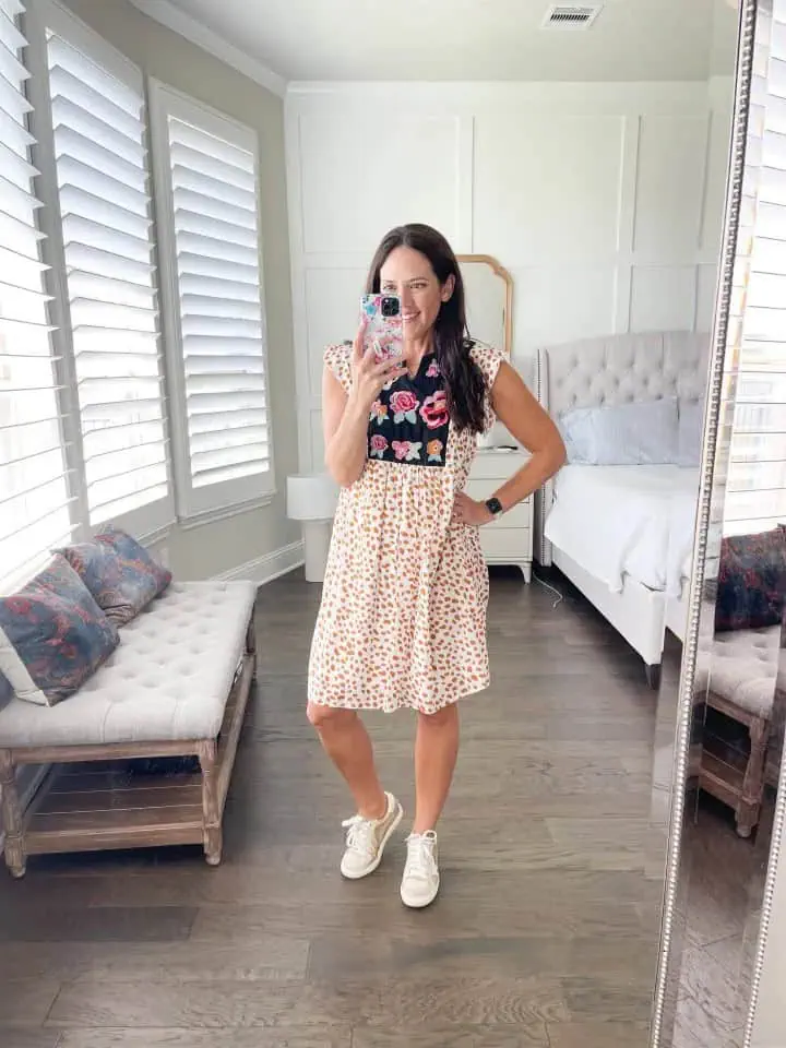 13. Floral-Dotted Dress With Sneakers