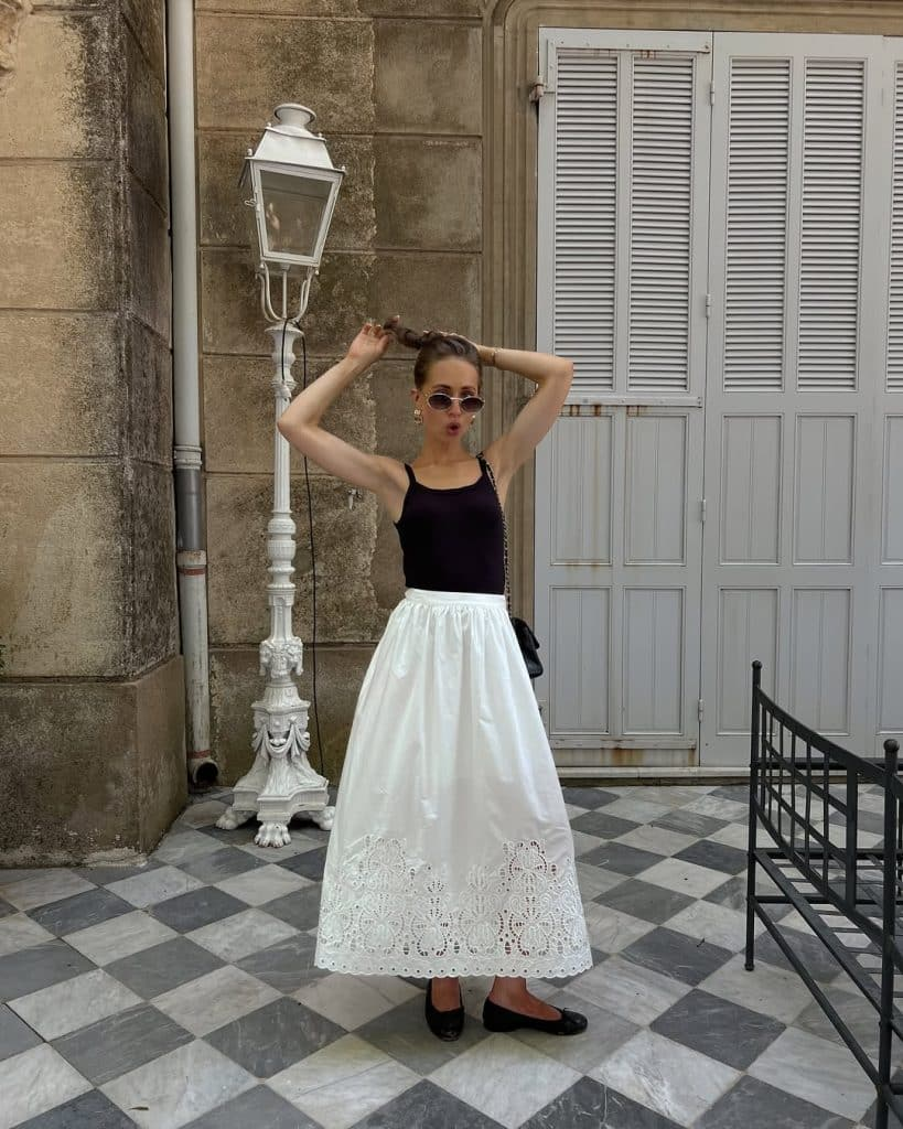 The Black Tank + White Eyelet Midi Skirt