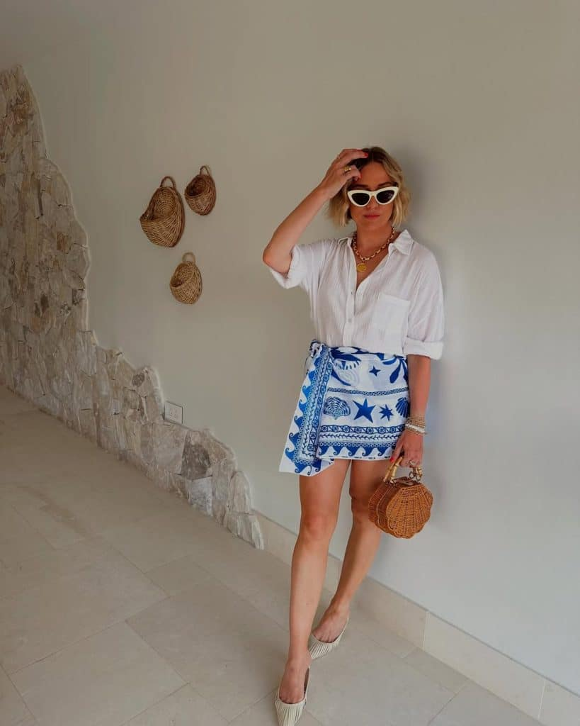 The White Shirt + Printed Wrap Skirt + Wicker Bag