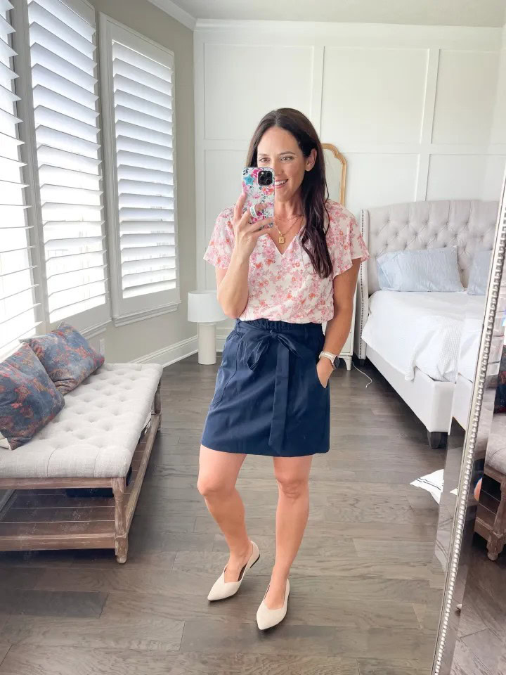 14. Floral Blouse And Navy Skirt Combo