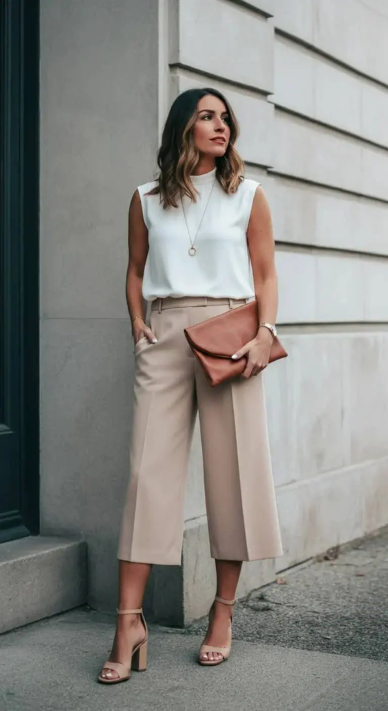 High-Waisted Culottes and Sleeveless Blouse