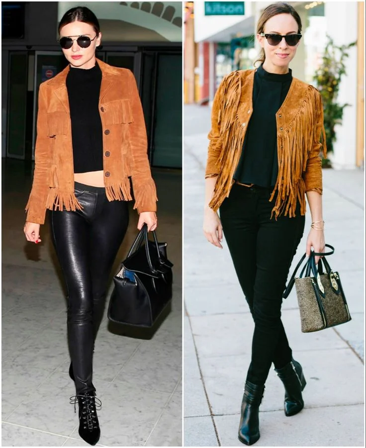 Concert-Ready Fringe Jacket with Black Leather Pant and Ankle Boot