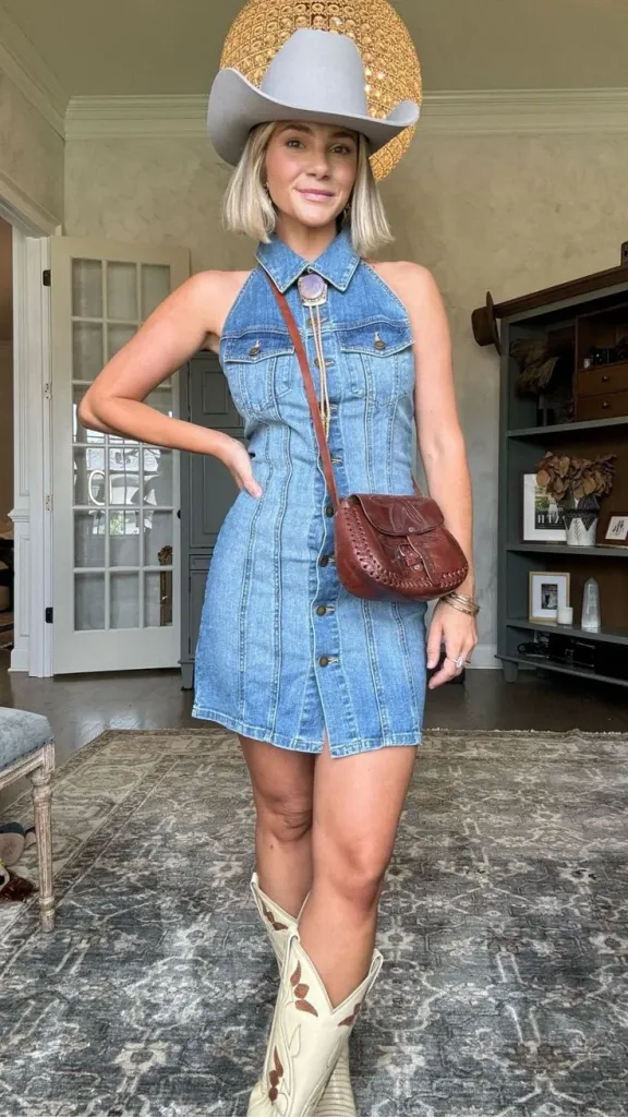 Sleeveless Denim Mini Dress with Cowboy Boot for Summer Concert