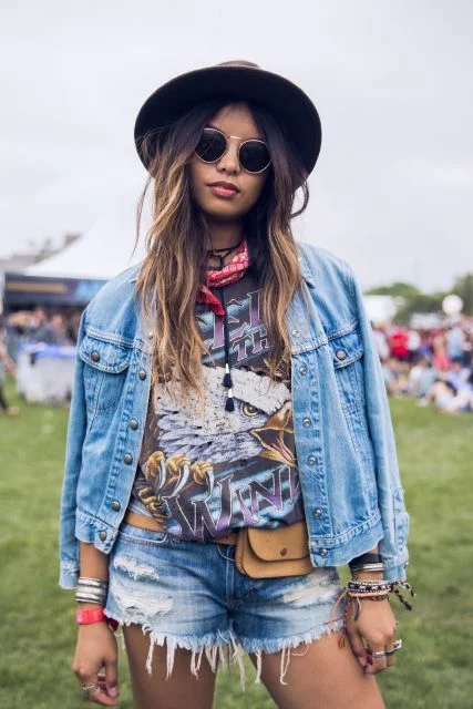 Graphic T-Shirt with Denim Shorts Over Denim Jacket