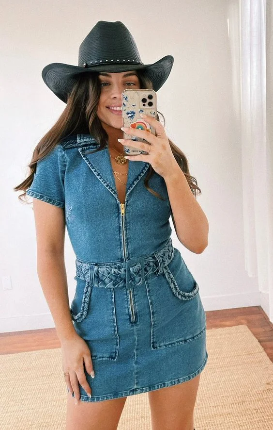 Mini Denim Shirt Dress with Hat for Concert