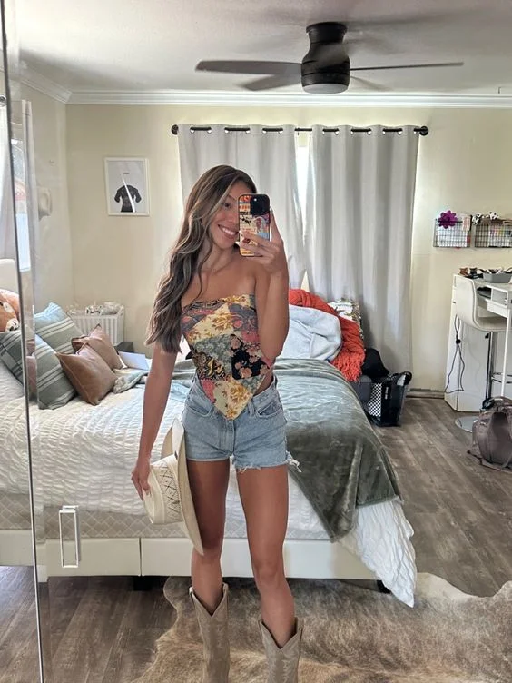 Printed Tube Top with Denim Shorts and Cowboy Boots