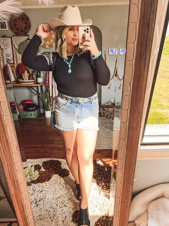 Black Top with Denim Skirt and Ankle Boots for Summer Concert Outfit