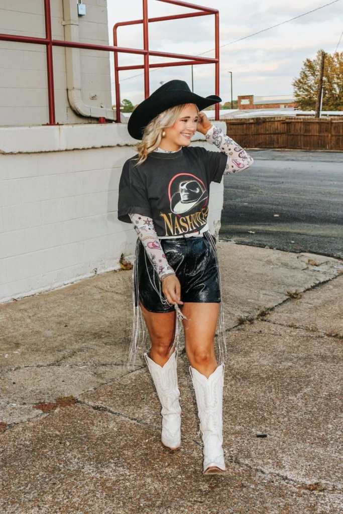Graphic Shirt with Leather Shorts and Cowboy Boots