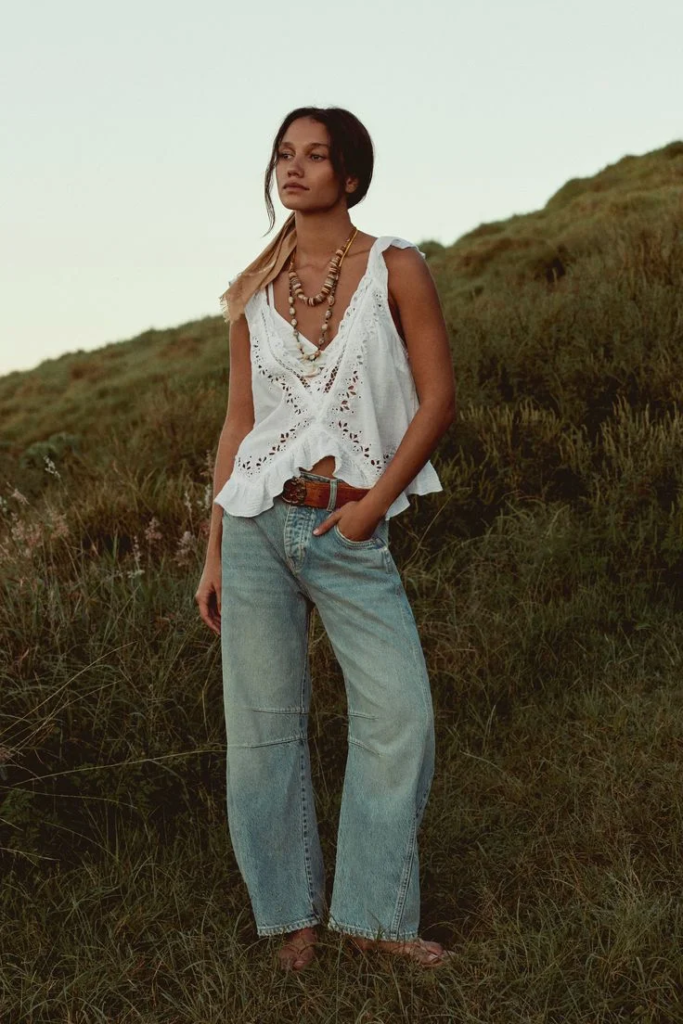 White Top with Wide-Leg Jeans