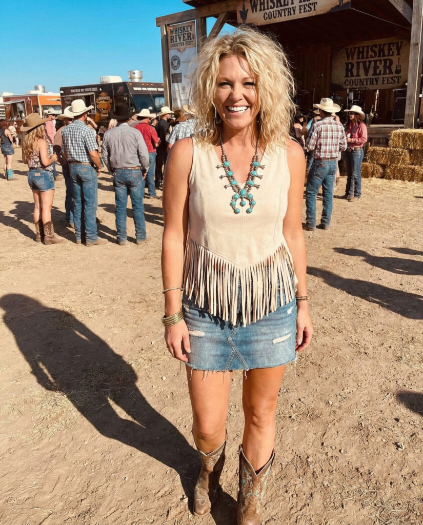 Fringed Tank Top with Denim Skirt