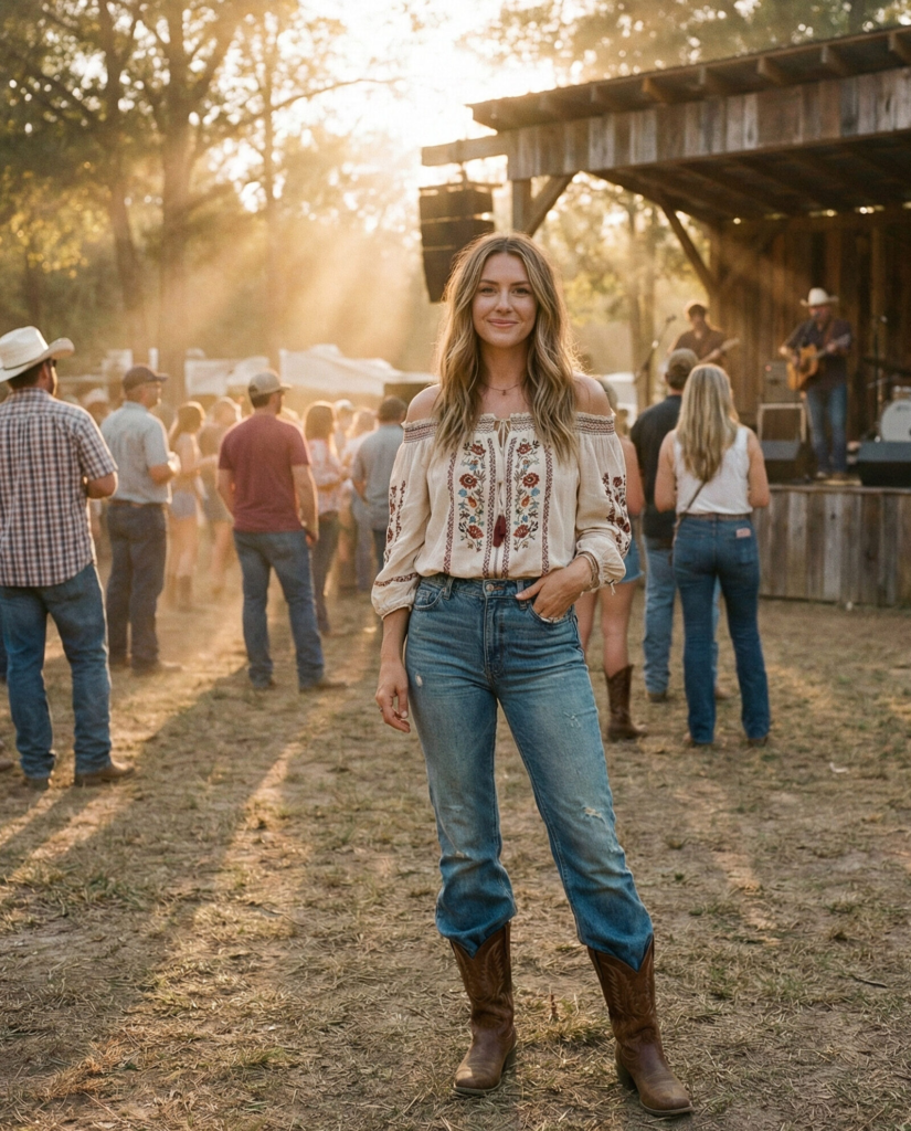 Off-Shoulder Boho Top with Flared Jeans