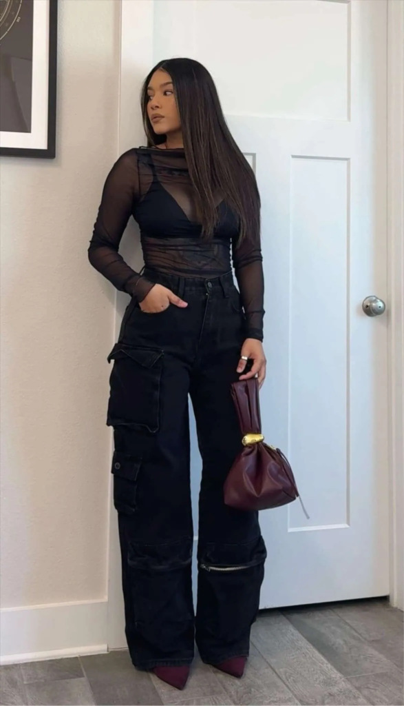 Sheer Layered Top with Cargo Pants