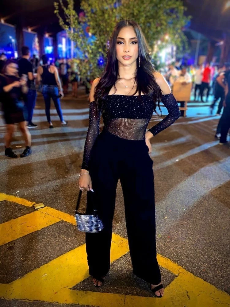 Sparkly Off-Shoulder Top with Black Pants