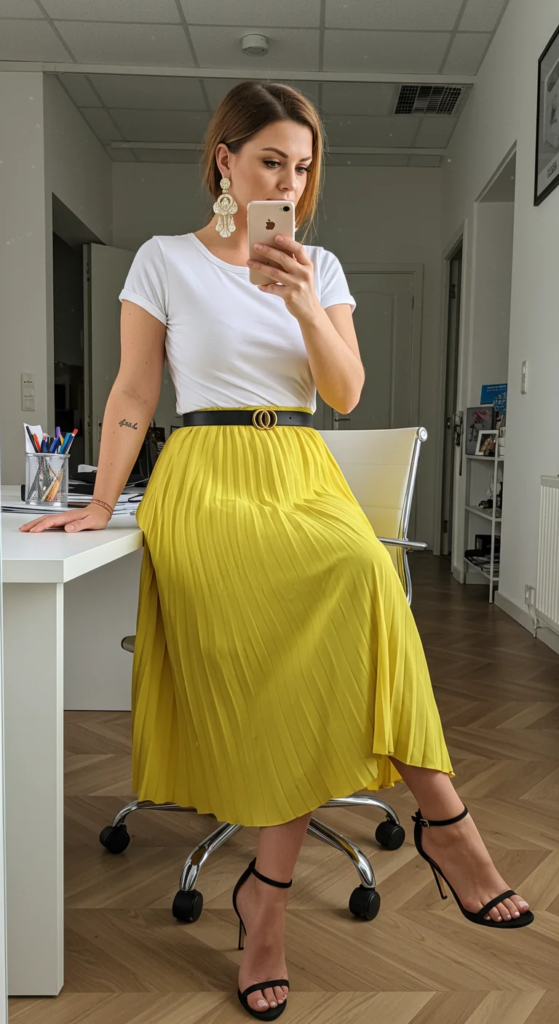 Pleated Midi Skirt and Fitted T-Shirt