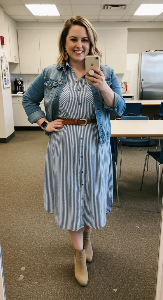 Striped Shirt Dress and Denim Jacket