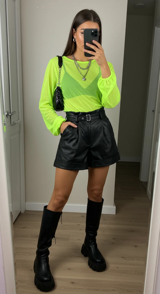 Neon Mesh Top and High-Waisted Leather Shorts