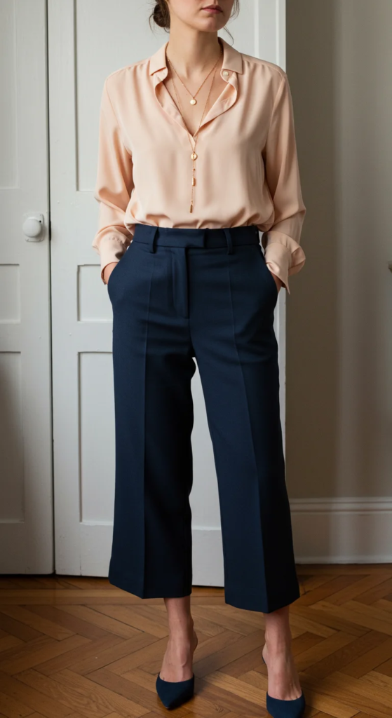 Cropped Wide-Leg Trousers and Silk Blouse