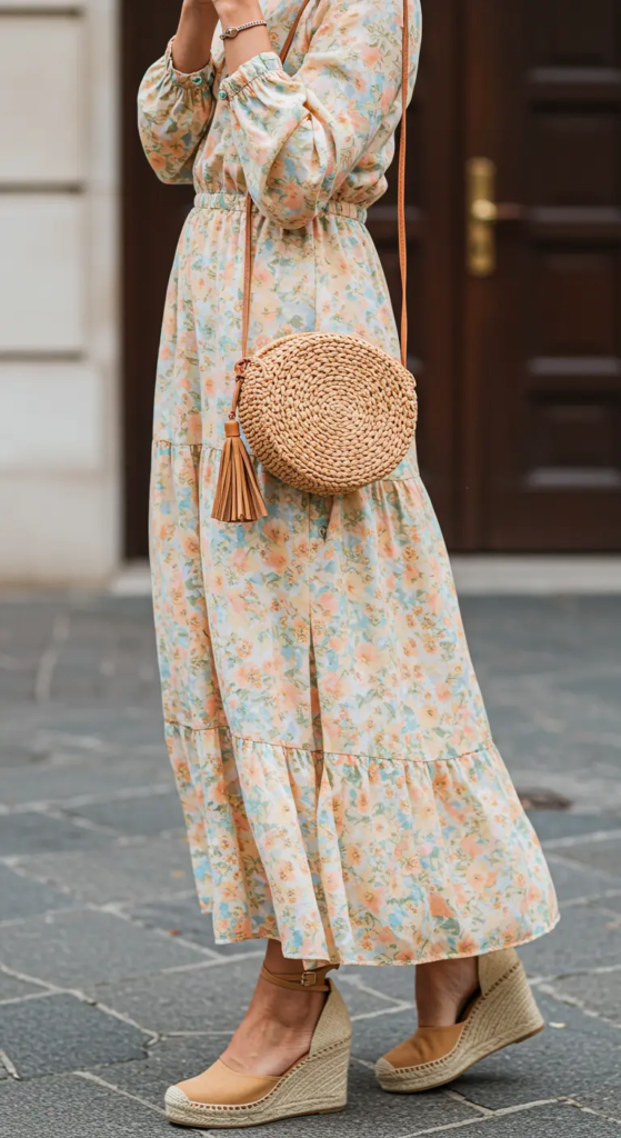 Floral Maxi Dress with Espadrille Wedges