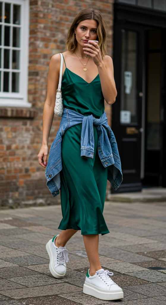 Satin Slip Dress and Sneakers