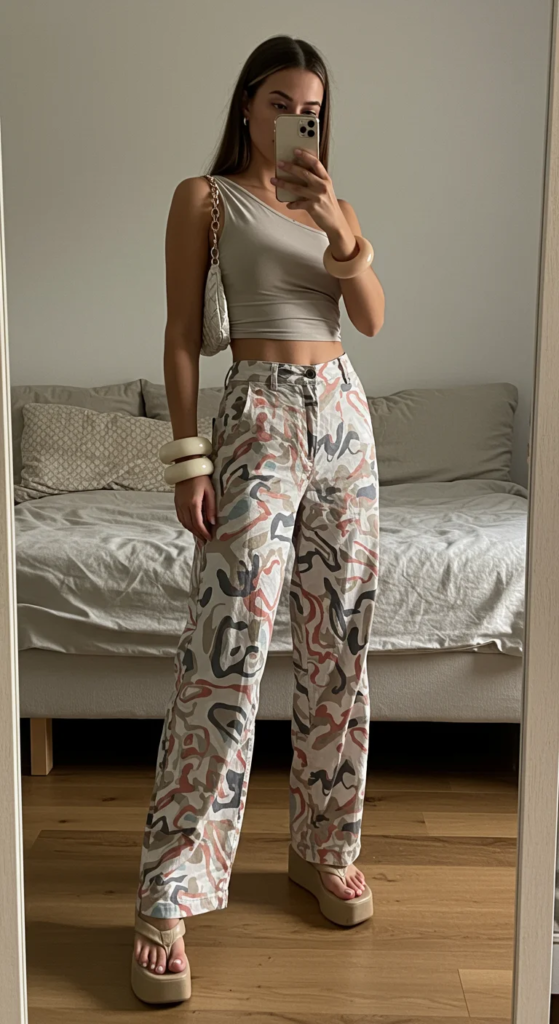 Asymmetrical Top and Printed Pants