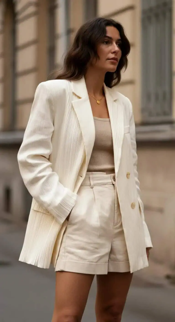 Modern Guayabera-Inspired Blazer with Shorts
