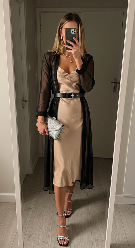 Sheer Overlay Dress and Metallic Accessories