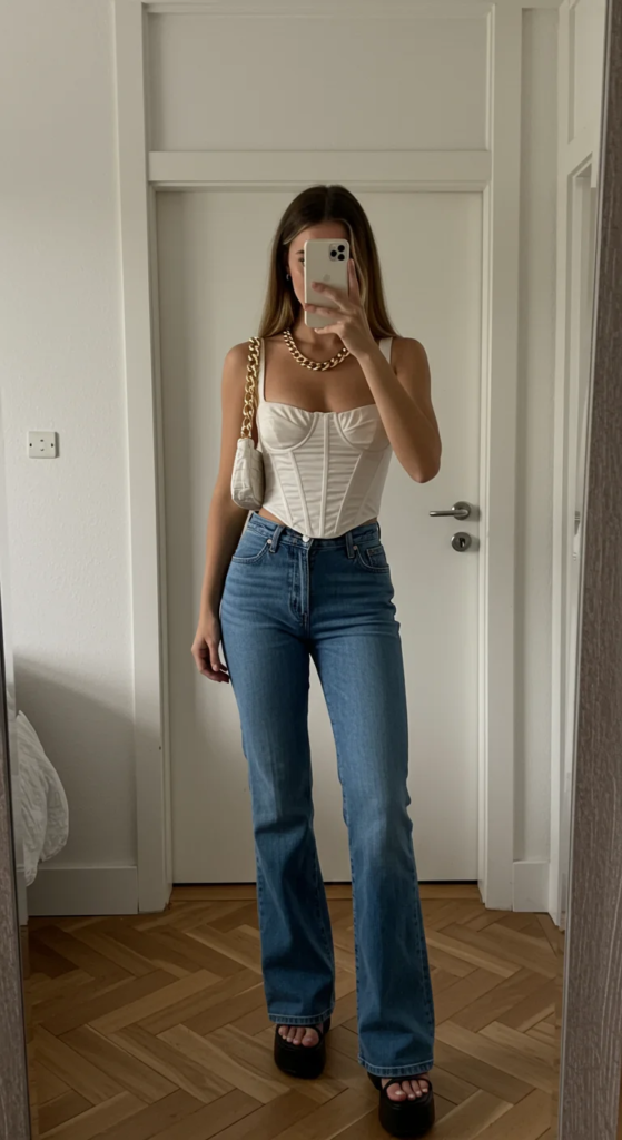 Corset Top and Flared Jeans