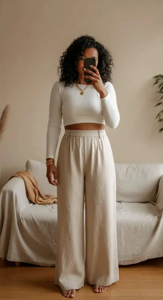 High-Waisted Wide-Leg Linen Pants with Crop Top